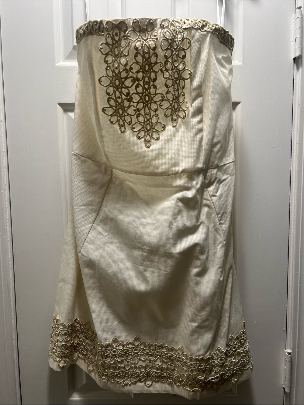 Strapless Cream Dress with Gold Lace Trim Size Large